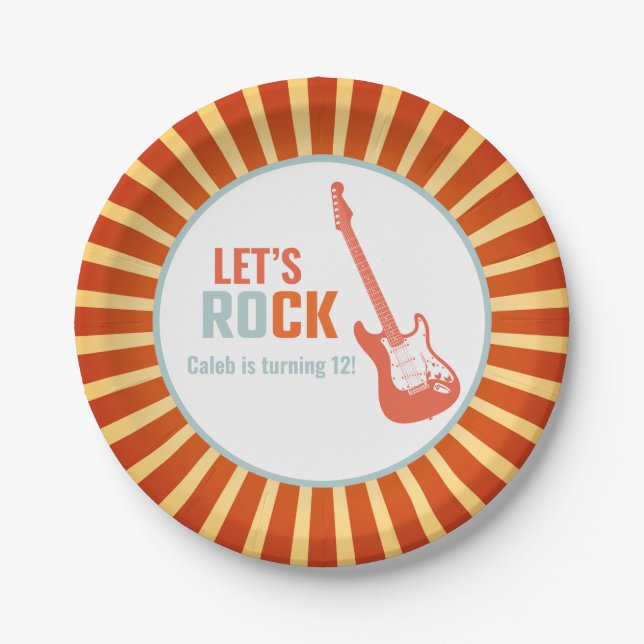 Red Guitar Rock and Roll Rockstar Birthday Paper Plates (Front)