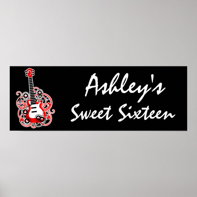 Red Guitar Rock Star Sweet 16 Banner Poster (Front)