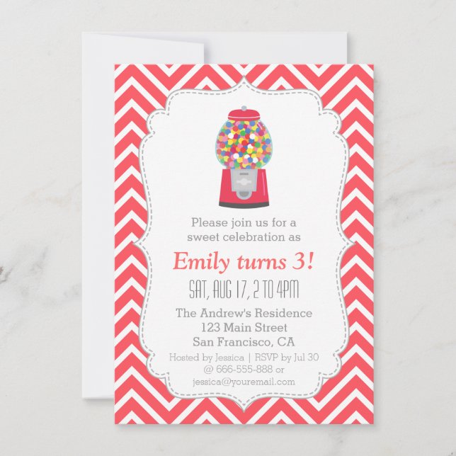Red Gumball Machine Candy Birthday Party Invitation (Front)