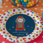 Red Gumball Machine Candy Bubble Gum Birthday Paper Plates<br><div class="desc">A classic red gumball machine is just the treat on these playful kids birthday party paper plates. Featuring bright and colorful bubble gum candy with a bold blue background in the middle and a fun pattern on the rim. Personalize with your own birthday child's details and pair with the full...</div>
