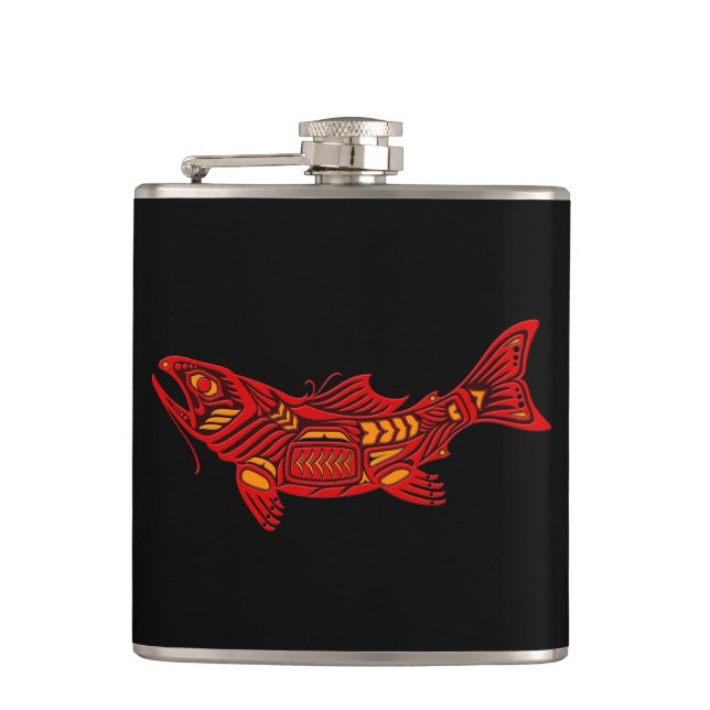 Red Haida Spirit Fish on Black Flask (Front)