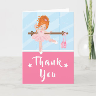 Red Hair Ballerina Pink Birthday Thank You Card
