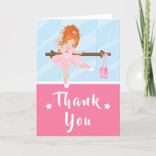 Red Hair Ballerina Pink Birthday Thank You Card
