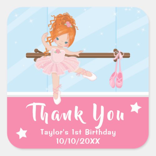 Red Hair Ballerina Pink Birthday Thank You Square  Square Sticker