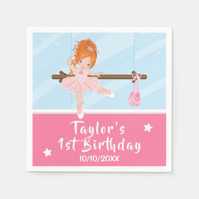 Red Hair Ballerina Pink Tutu Birthday Napkins (Front)