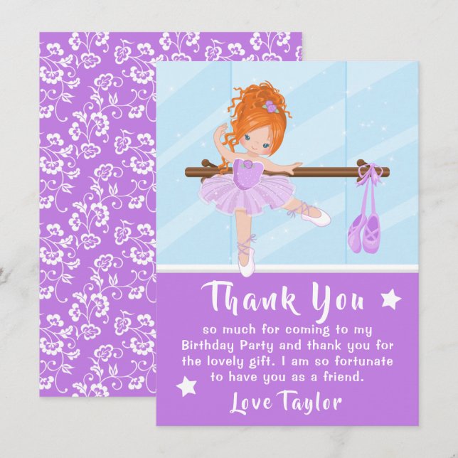 Red Hair Ballerina Purple Birthday Thank You Card (Front/Back)
