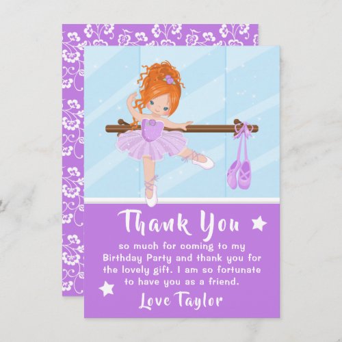 Red Hair Ballerina Purple Birthday Thank You Card