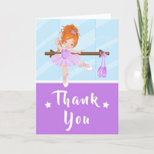 Red Hair Ballerina Purple Birthday Thank You Card