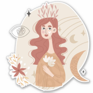 Red hair boho woman flowers moon stars abstract sticker