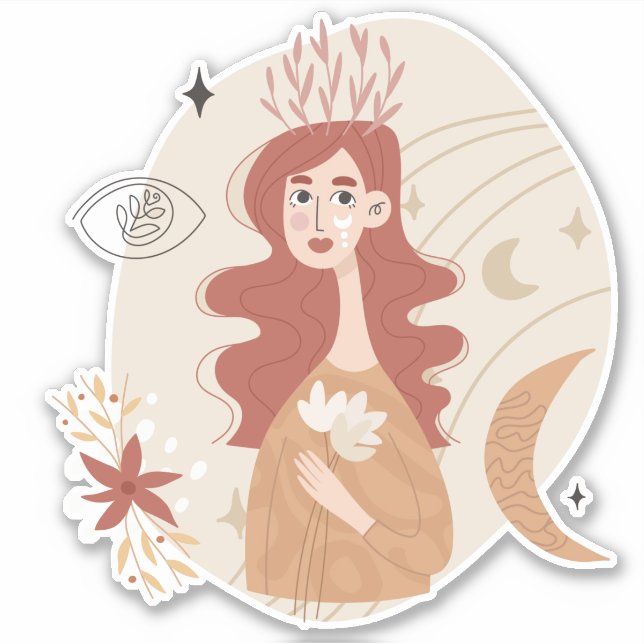 Red hair boho woman flowers moon stars abstract  sticker (Front)
