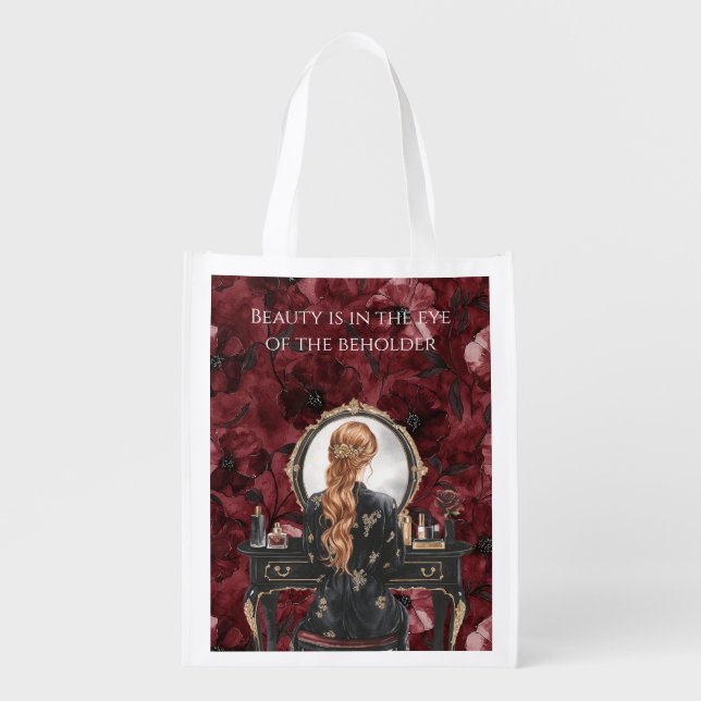 Red Hair Boudoir Burgundy Floral Grocery Bag (Front)