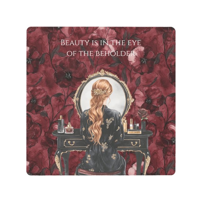 Red Hair Boudoir Burgundy Floral Metal Print (Front)