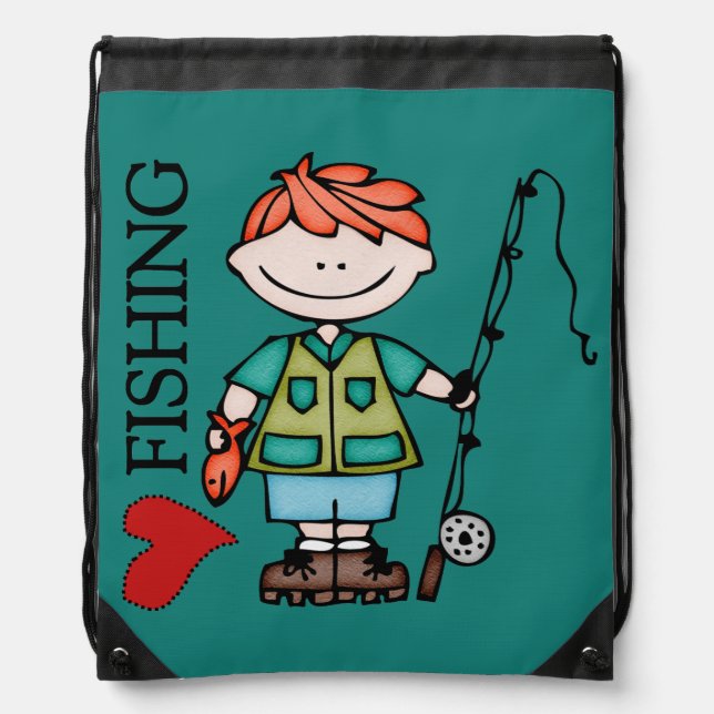 Red Hair Boy I Love Fishing Drawstring Bag (Front)