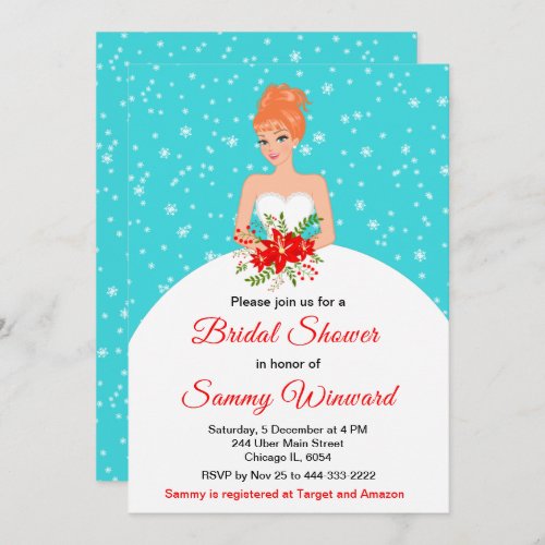 Red Hair Bride Snowflake Blue Bridal Shower Invitation