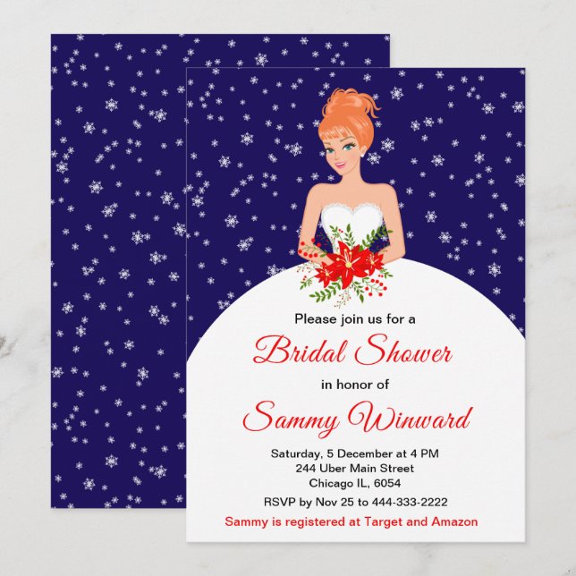Red Hair Bride Snowflake Navy Bridal Shower Invitation (Front/Back)