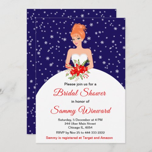 Red Hair Bride Snowflake Navy Bridal Shower Invitation