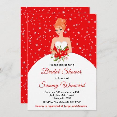 Red Hair Bride Snowflake Red Bridal Shower Invitation