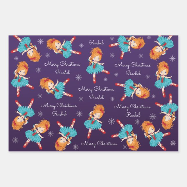 Red Hair Christmas Ballerina Wrapping Paper Sheets (Front)