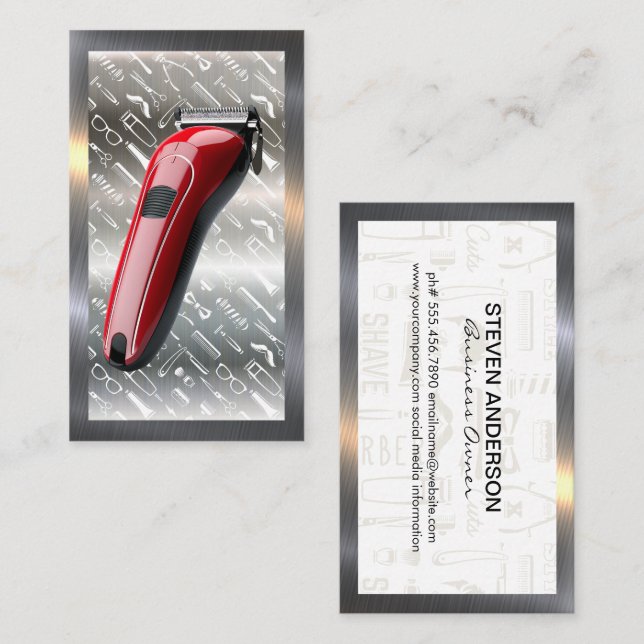 Red Hair Clippers | Barber Pattern | Metal Border Business Card (Front/Back)