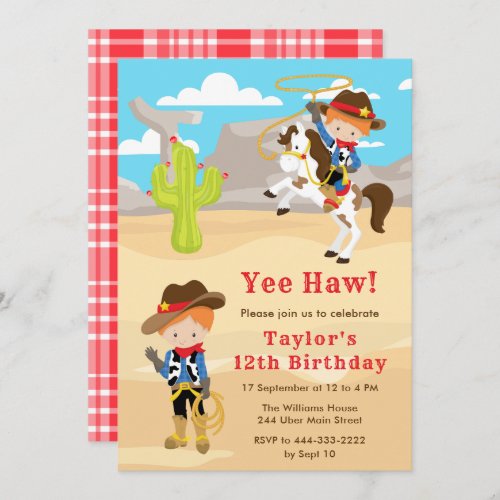 Red Hair Cowboy Birthday Party Invitation