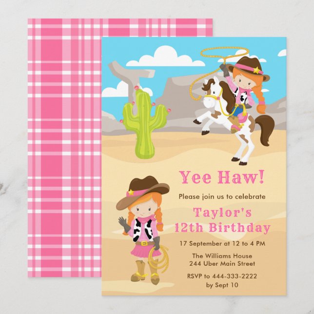 Red Hair Cowgirl Birthday Party Invitation (Front/Back)