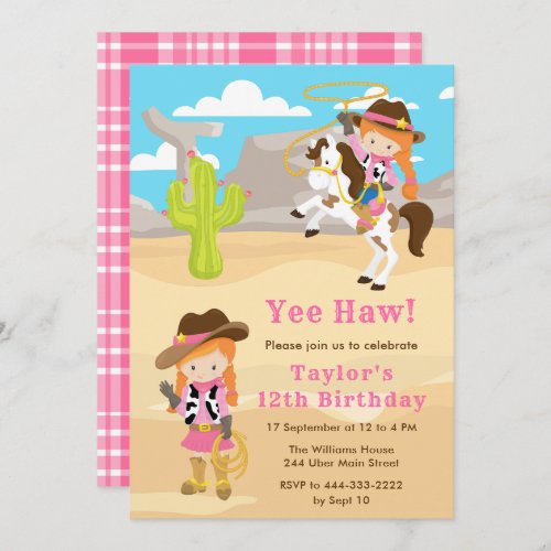 Red Hair Cowgirl Birthday Party Invitation