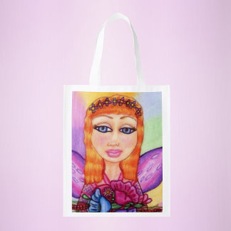 Red Hair Fairy Fae Spring Flowers Grocery Bag
