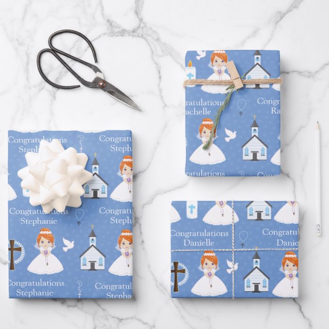 Red Hair First Communion Girl Wrapping Paper Sheets (Front)