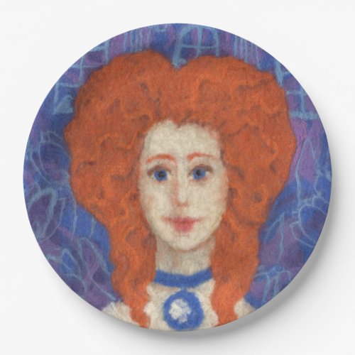 Red Hair, ginger girl rococo fiber art blue orange Paper Plates