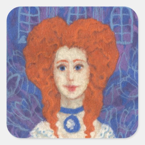 Red Hair ginger girl rococo fiber art blue orange Square Sticker