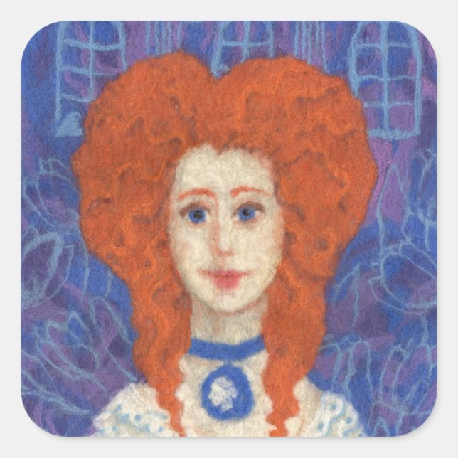 Red Hair, ginger girl rococo fiber art blue orange Square Sticker (Front)