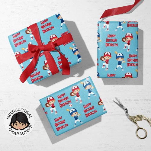 Red Hair Girl Baseball Personalized Wrapping Paper Sheets