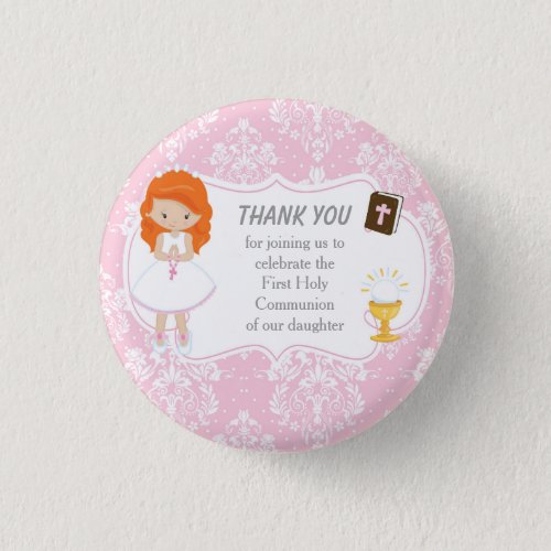 Red Hair Girl First Communion Thank You Button