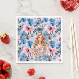 Red Hair Girl Ice Cream Blue Floral Hugs Kisses Napkins