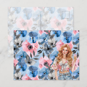 Red Hair Girl Ice Cream Blue Floral Hugs Kisses Postcard