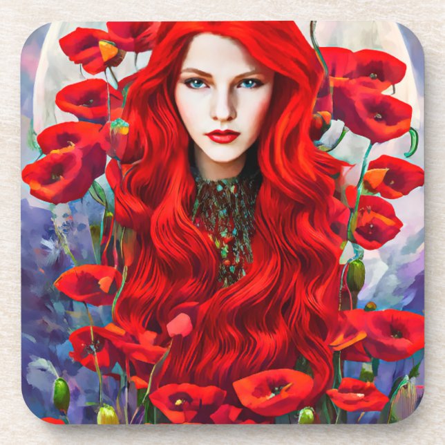 Red Hair Girl In Poppy Flowers Field fantasy art Beverage Coaster (Front)