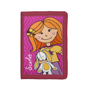 Red hair girl lucky white bunny pink named purse tri-fold wallet
