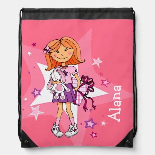 Red hair girl personalized named pink star drawstring bag