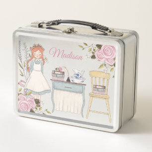 Red Hair Girl Pink Floral Victorian Books School Metal Lunch Box
