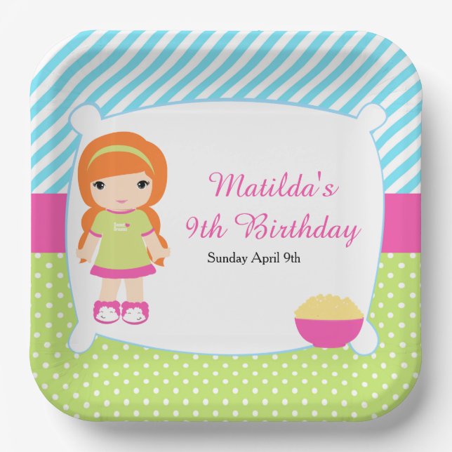 Red Hair Girl Sleepover Slumber Party Paper Plates (Front)