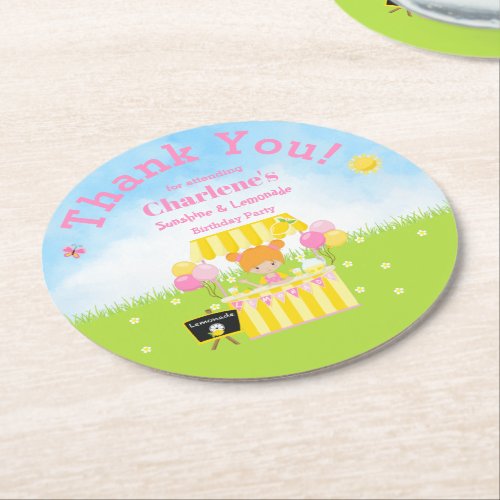 Red Hair Girl Sunshine  Lemonade Birthday Party Round Paper Coaster