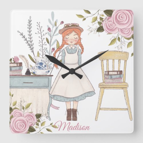 Red Hair Girl Vintage Victorian Pink Roses Nursery Square Wall Clock