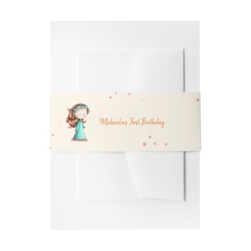 Red Hair Girl with Teal Dress First Birthday Invitation Belly Band