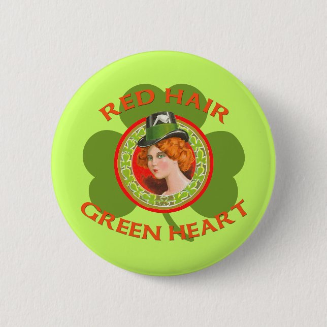 Red Hair Green Heart Button (Front)