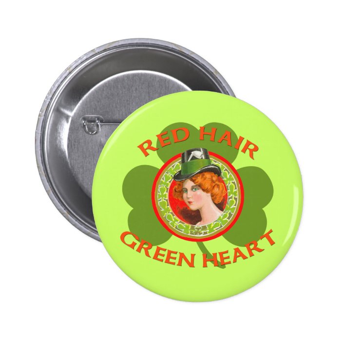 Red Hair Green Heart Pinback Buttons