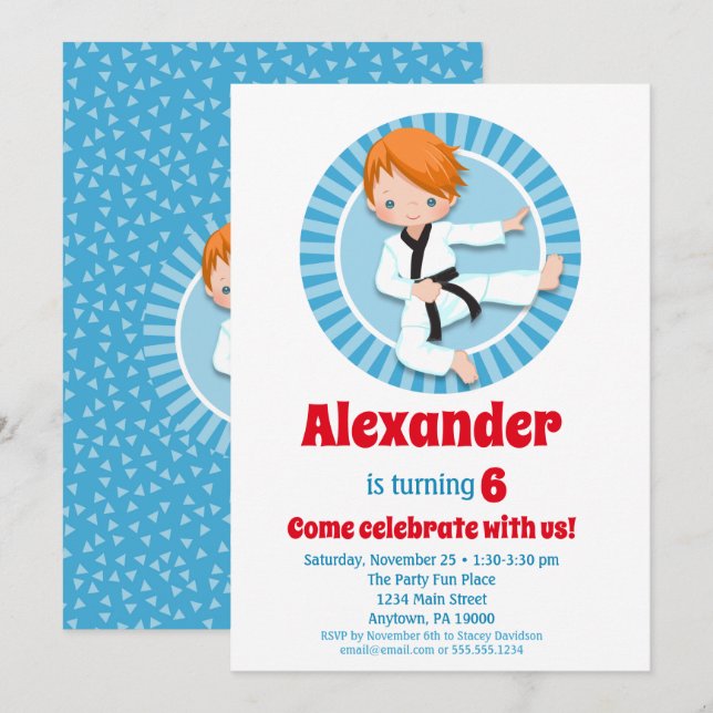 Red Hair Karate Judo Boys Birthday Invitation (Front/Back)