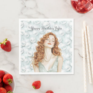 Red Hair Lady Mint Dress Pearls Birthday Napkins