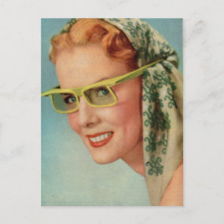 red hair, lemon yellow sunglasses postcard