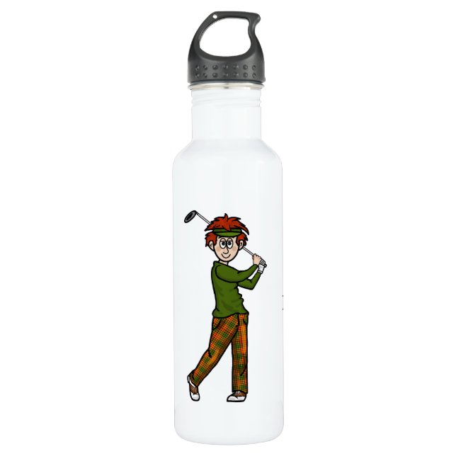 Red Hair Male Golfer Personalized Water Bottle (Front)