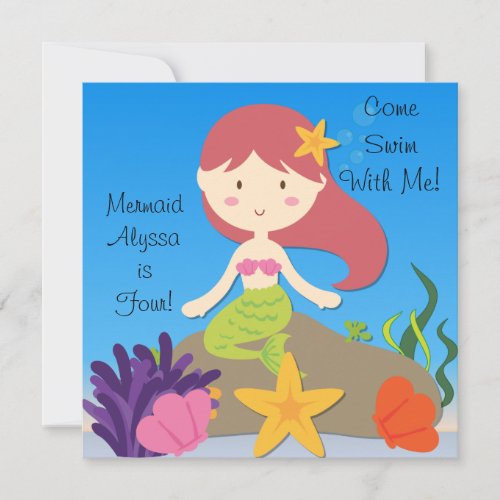 Red Hair Mermaid Custom Birthday Invitation